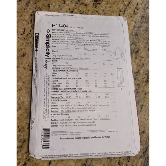 Simplicity R11404 Pattern Men XS S M L  Knit Zip Jacket & Pants Side Leg Snaps - Picture 6 of 12